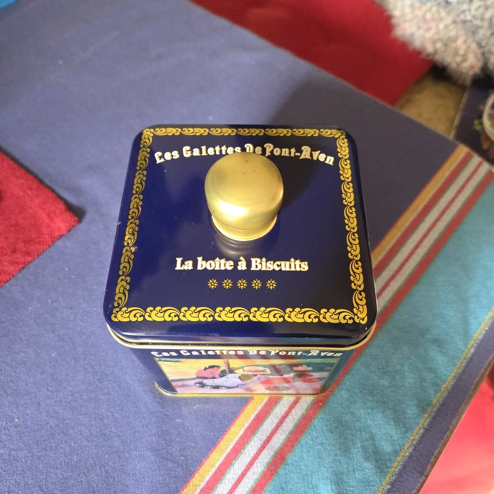 Vintage French Biscuit Tin, Blue and Gold, Top Knob, Les Galette De Pont Aven